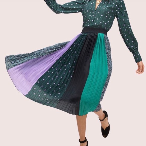 kate spade Dresses & Skirts - NWOT Kate Spade New York Pop Dots Print Mix Skirt Midi Black Purple Accordion XL